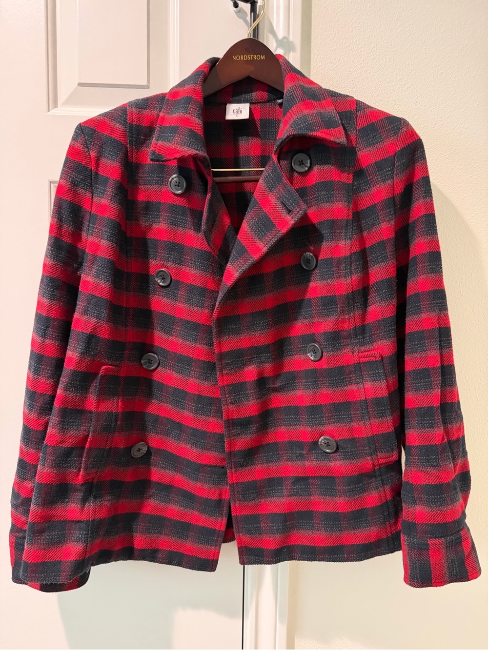 CAbi Red & Black Plaid Double-Breasted Peacoat